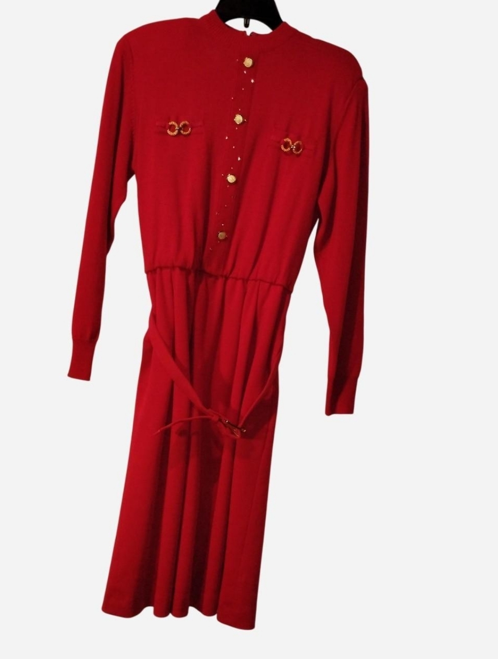 Vintage 80s Ciao Ltd Red Knit Sweater Dress - Gold Hardware - Wool Blend